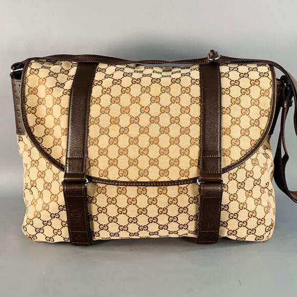 GUCCI Guccissima Brown Beige Monogram Canvas Leather Trim Messenger Bag - Picture 1 of 10